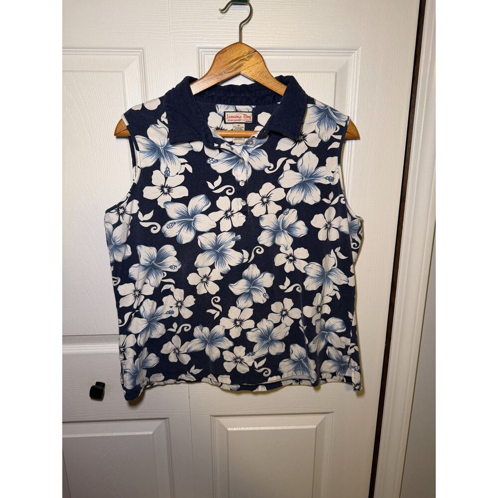 Jamaica Bay Women's 1X Blue Hawaiian Floral Sleeveless Polo Shirt